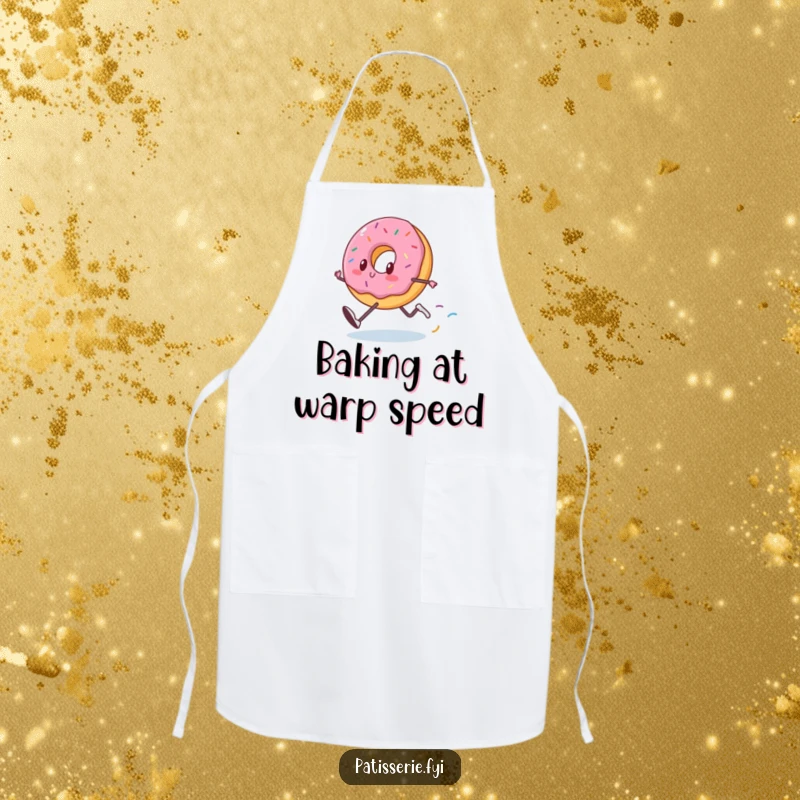 Funny Donut Apron: A happy donut runs fast, leaving sprinkles while baking, ready for funny kitchen sprints.