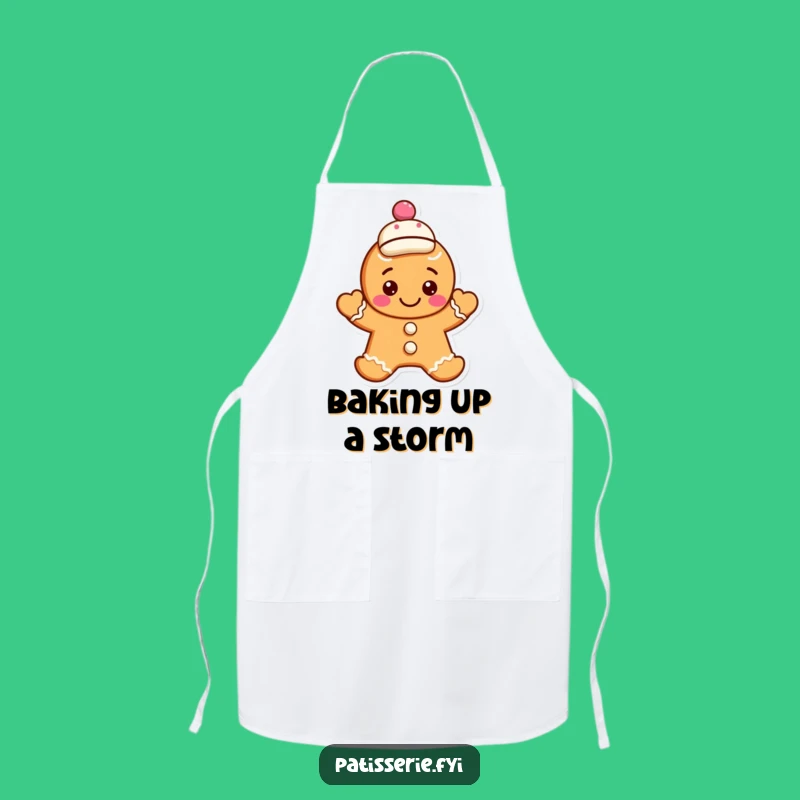 Funny Gingerbread Cookie Apron: Waving Character, Jaunty Cap - Kitchen Gift