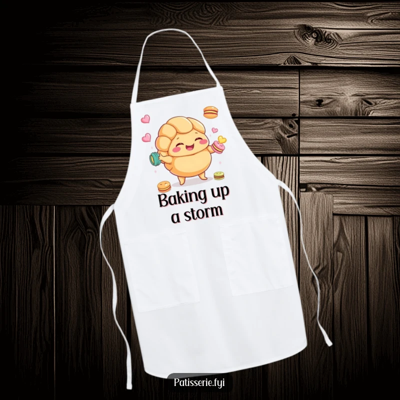 Funny Croissant Apron featuring a plump croissant character giggling and juggling macarons, perfect for kitchen humor.