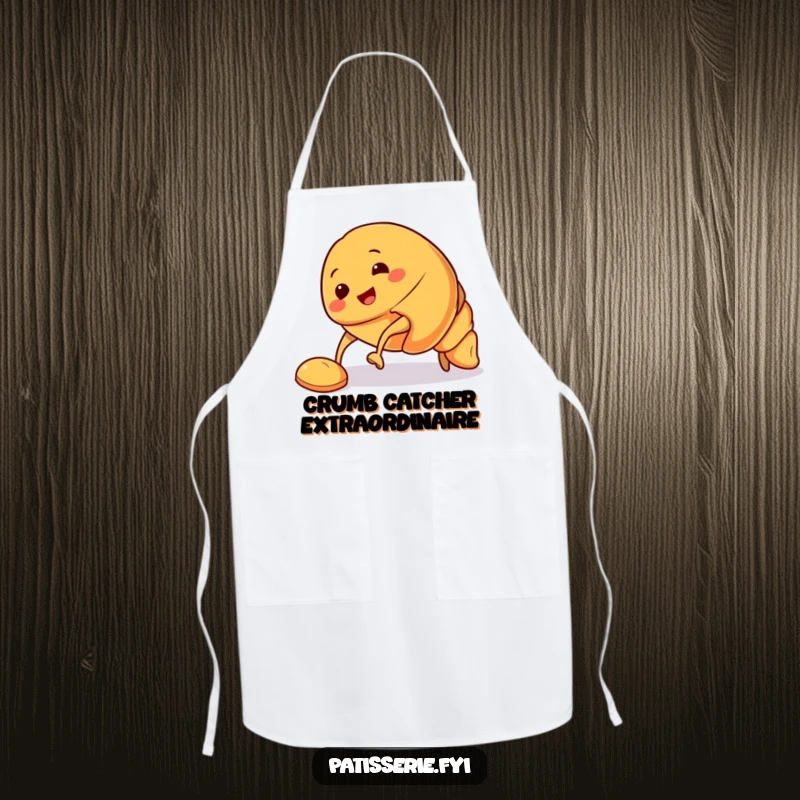 Funny Croissant Apron depicting a smiling croissant character tripping, perfect for adding a touch of humorous clumsiness to cooking or baking.