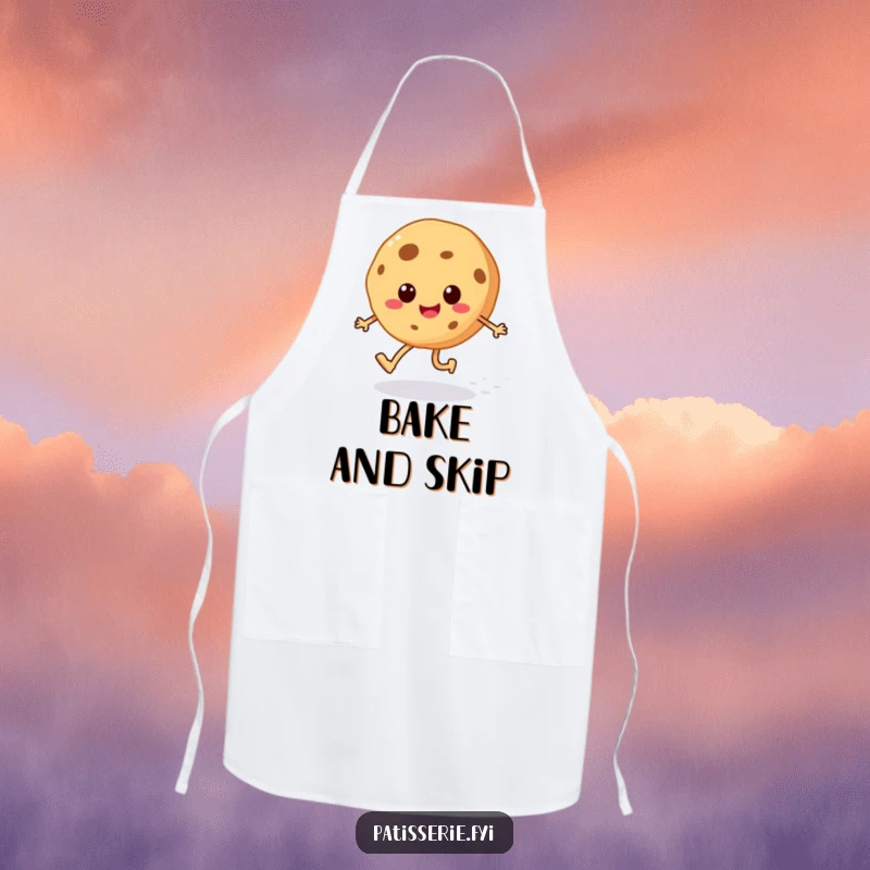Funny cheerful cookie apron showing a happy skipping character with legs and a sugar sprinkle trail, ideal for a baker.