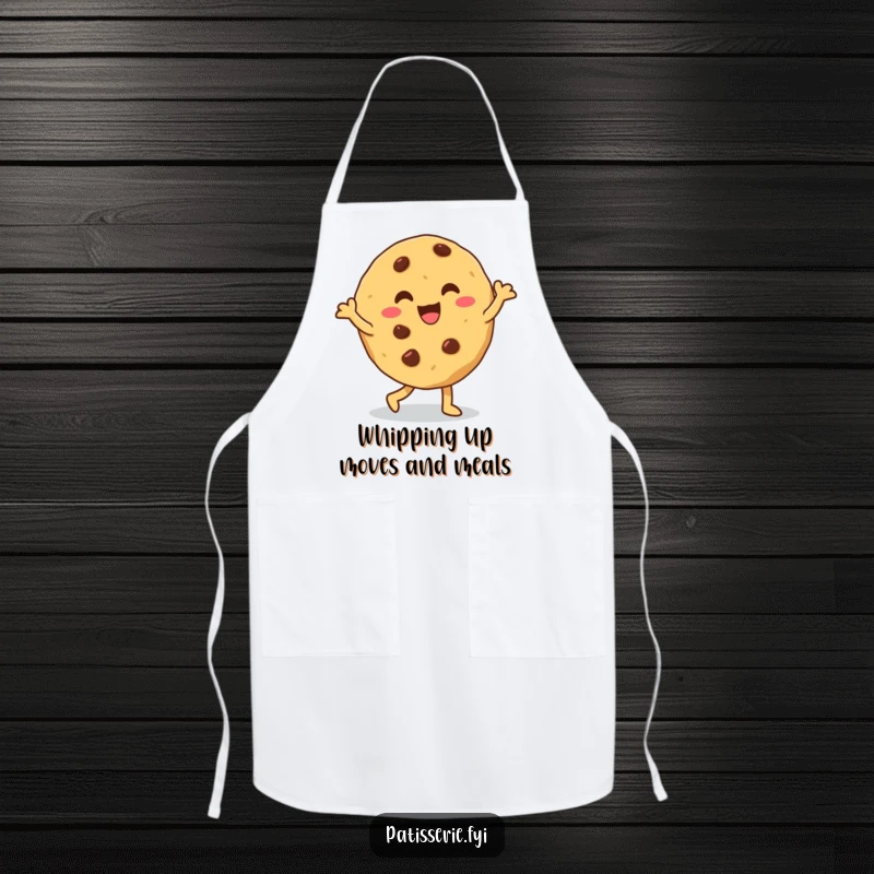 Funny cookie apron showing a giddy, chocolate chip cookie doing a silly dance, perfect for a fun cooking experience.