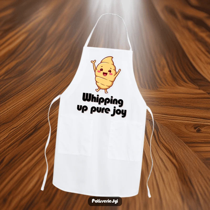 Funny apron showcasing a smiling croissant character joyfully jumping with one arm raised, perfect for happy baking sessions.