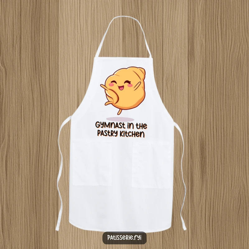 Funny croissant apron showing a cheerful pastry winking while doing a cartwheel, perfect for a humorous cooking experience.