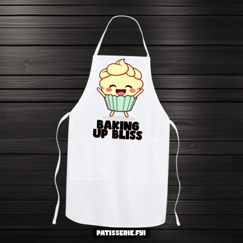 Funny cupcake apron showing a smiling cupcake with frosting hair joyfully leaping.