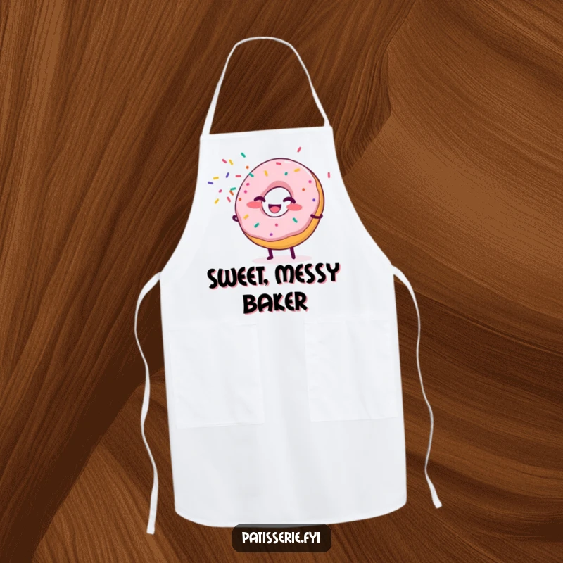 Funny Donut Apron depicting a giggling donut character spraying sprinkles like confetti, perfect for adding a festive touch to cooking or baking.