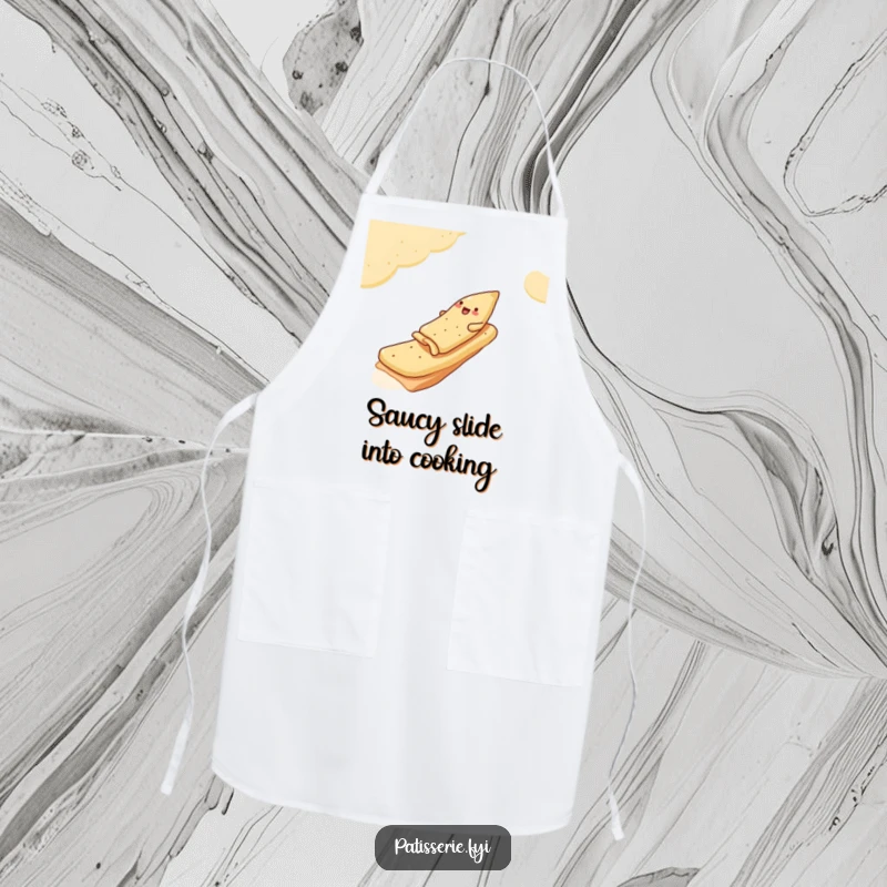 Funny Apron showing a jolly samosa sliding down a pita bread ramp, adding a humorous and festive touch to cooking.