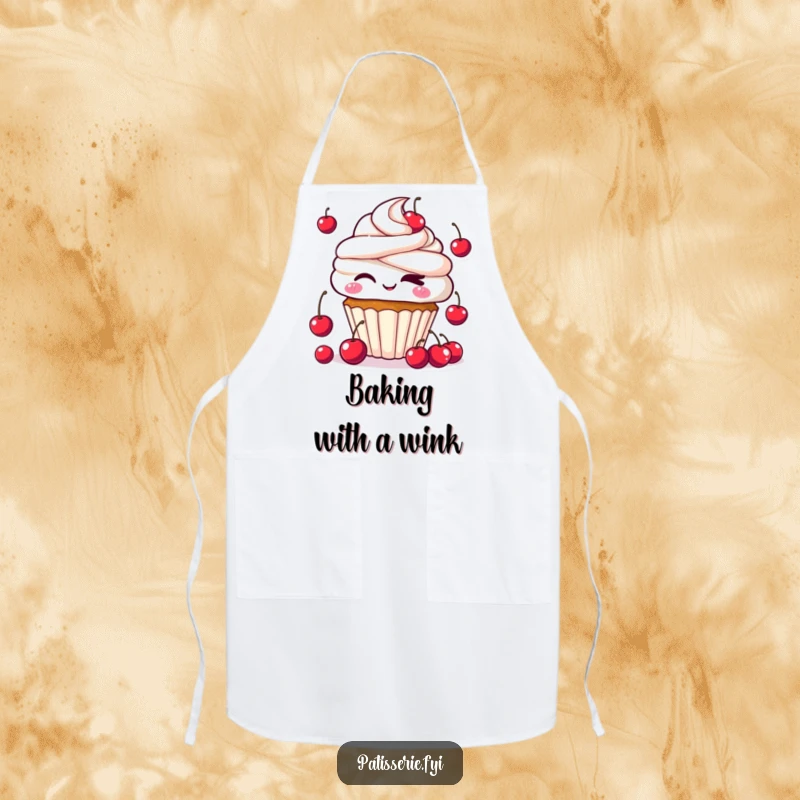 Funny Kawaii Cupcake Apron depicting a cute cupcake winking and juggling cherries, perfect for adding a touch of sweet whimsy to cooking.