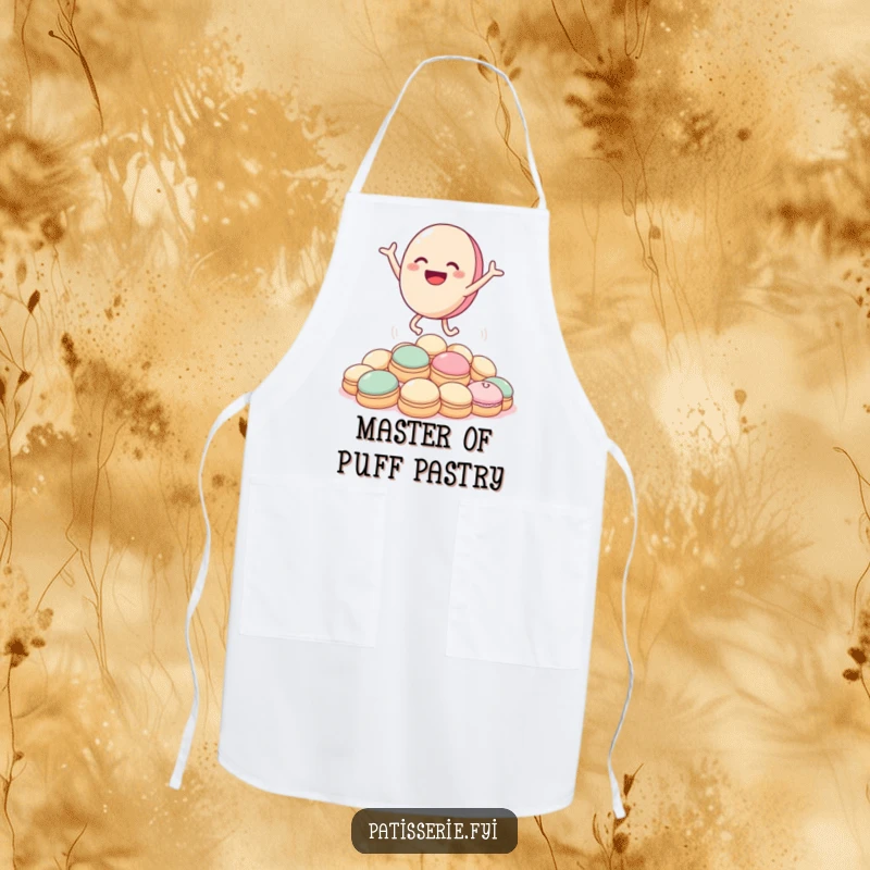 Funny macaron apron showing a happy macaron character in mid-leap over a pile of cream puffs, perfect for baking.