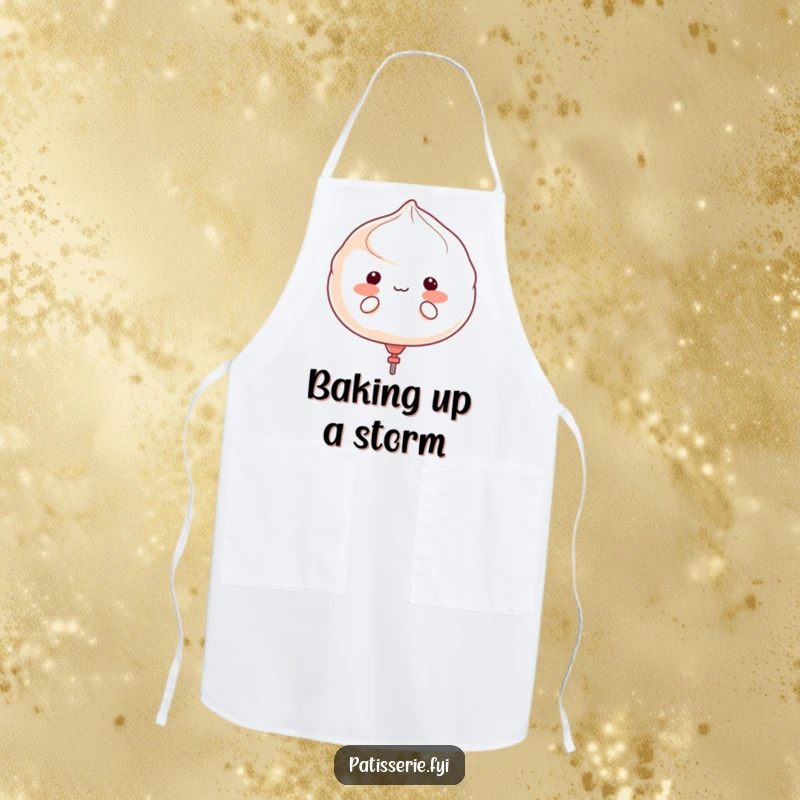 Funny meringue character puffing cheeks like a balloon, ready to float away, illustrated on a functional baker's apron.