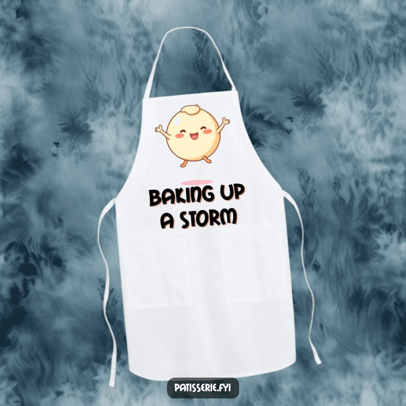 Funny apron featuring a round pastry character with tiny legs joyfully leaping mid-air, perfect for a happy and fun cooking experience.