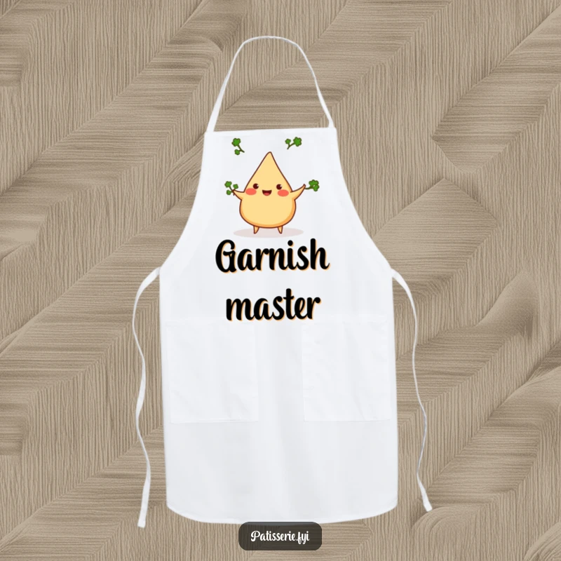 Funny samosa apron, cheerful, juggling three tiny cilantro sprigs, witty kitchen wear, perfect for cooking.