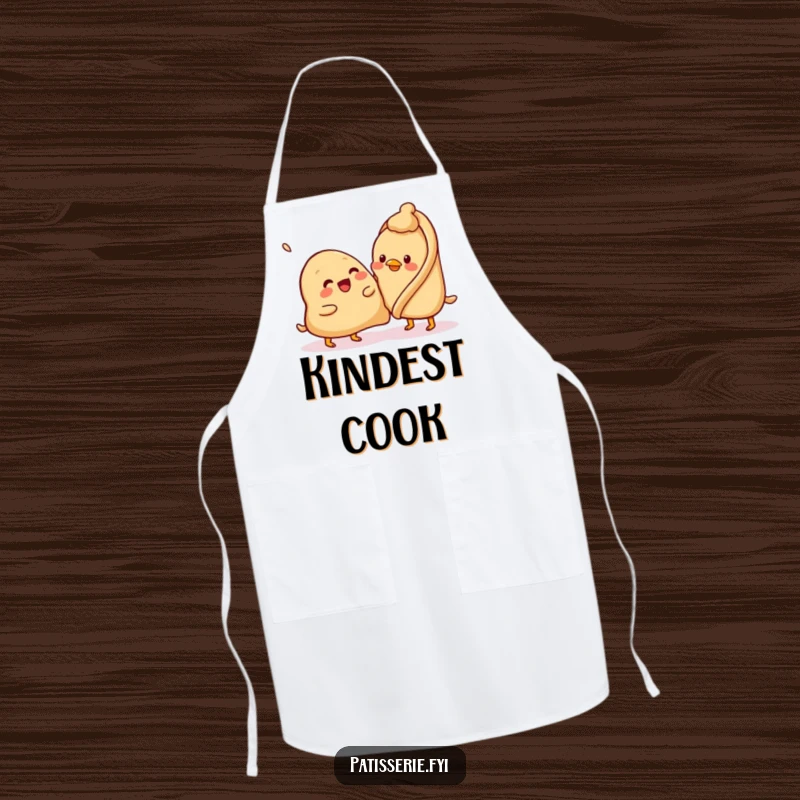 Funny samosa apron, beaming, attempting to pat a confused chickpea, cute kitchen wear, perfect for cooking.
