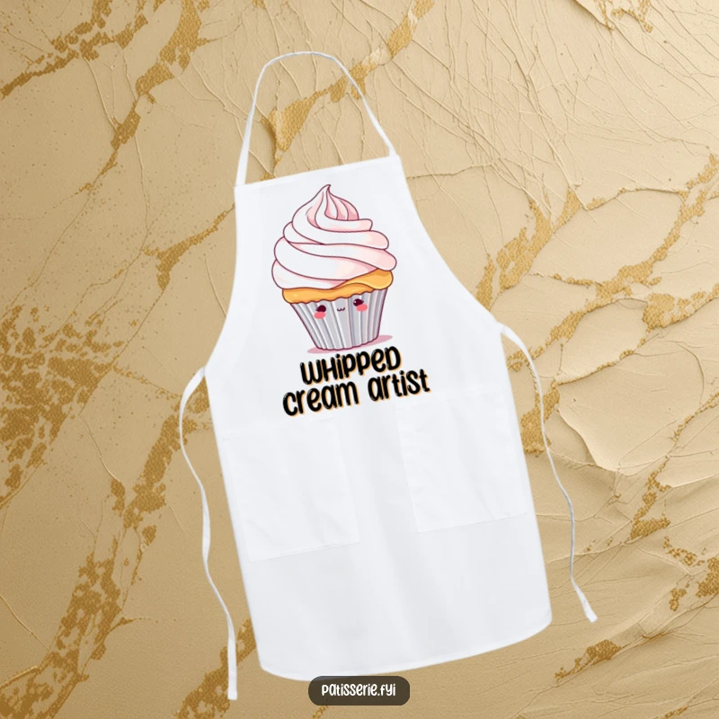 Funny shy cupcake apron showing a bashful cupcake character peeking from under a large swirl of whipped cream while baking.