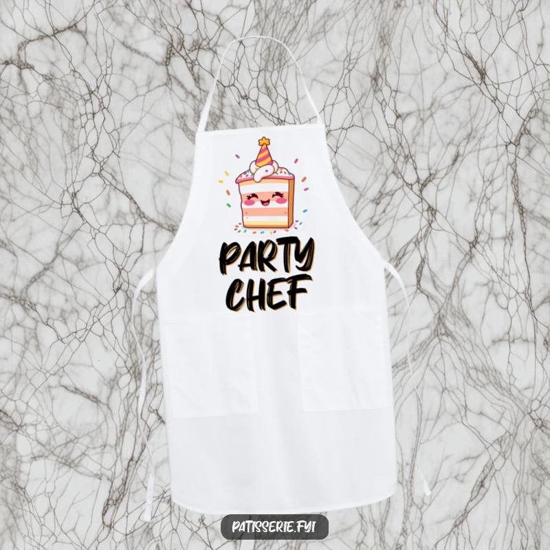 Funny apron featuring a smiling slice of cake with a party hat juggling colorful sprinkles, ideal for bakers.