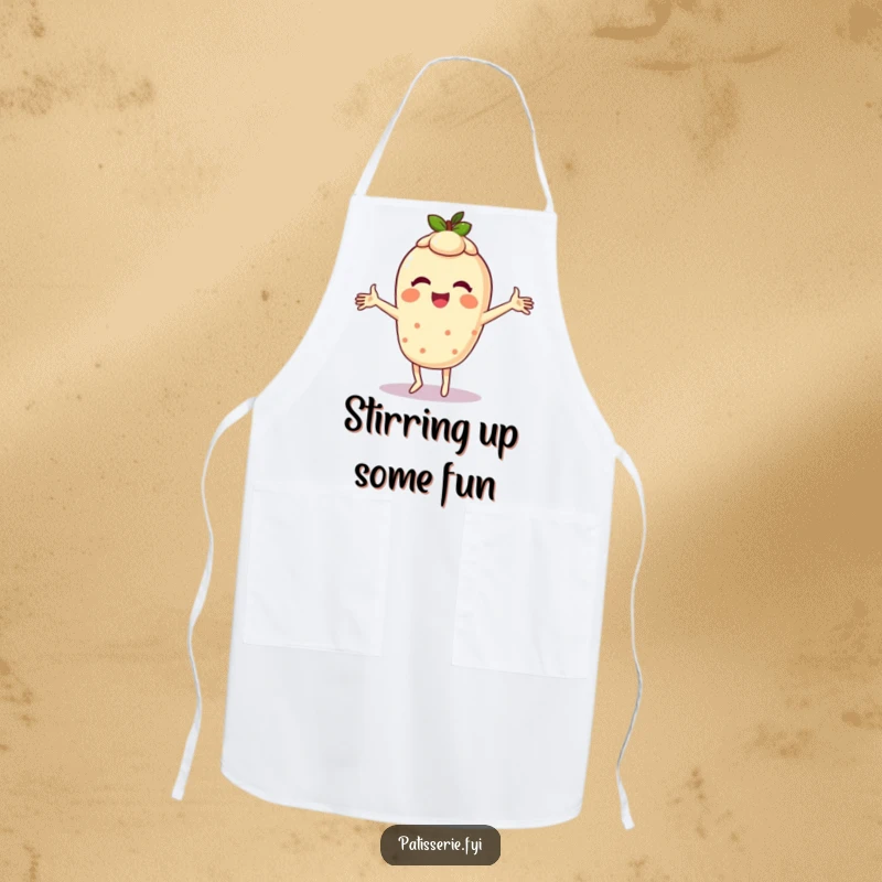 Funny apron showcasing a giggling tart character doing a silly dance with arms spinning, perfect for fun baking sessions.