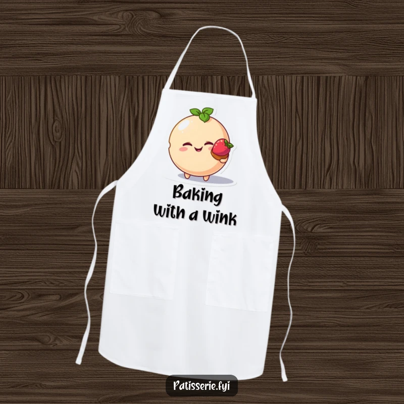 Funny macaron bird apron, winking macaron character, offering tart, cooking accessory, humorous food design, kitchen wear.
