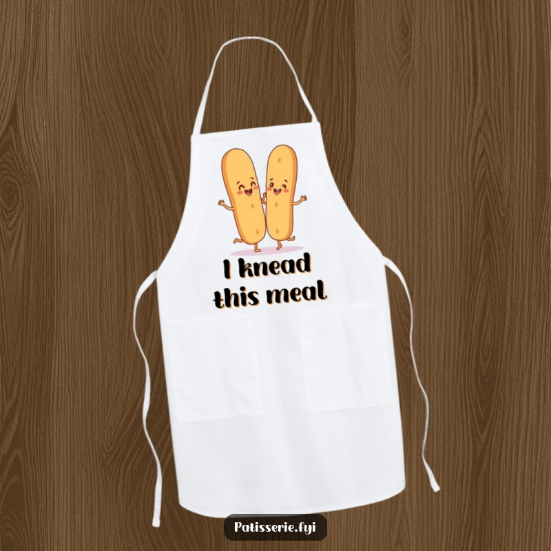 Funny apron showing a happy baguette character dancing with a breadstick partner, perfect for kitchen fun.
