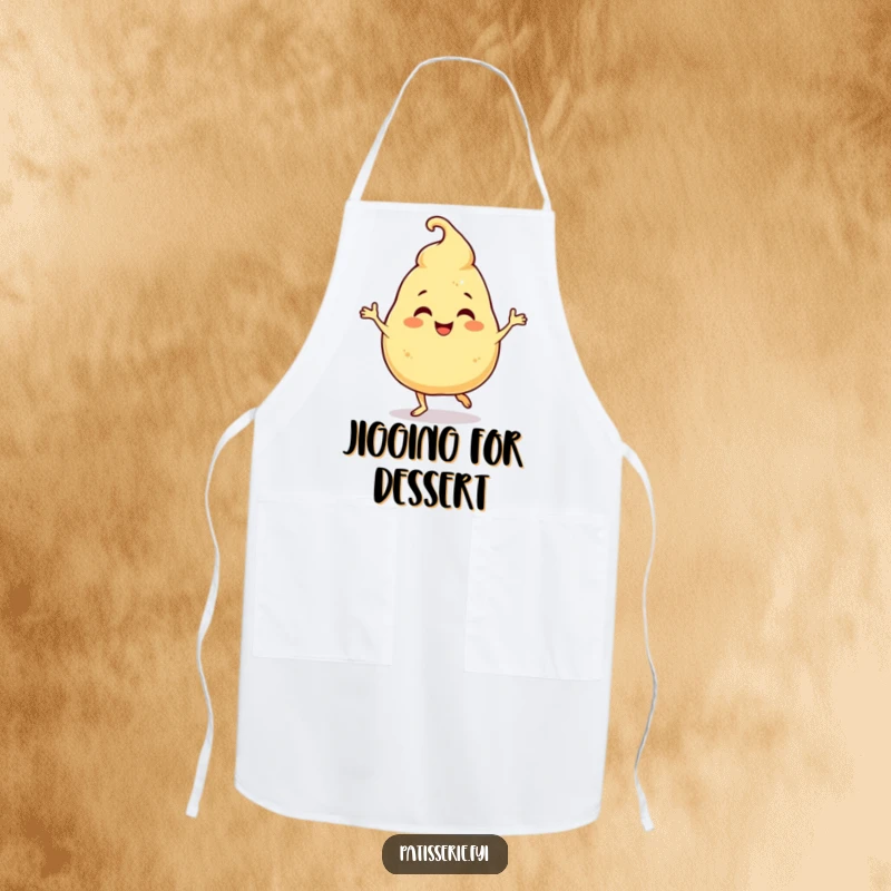 Funny Apron: A giggling profiterole character humorously doing a jig, perfect for adding sweet fun to cooking.