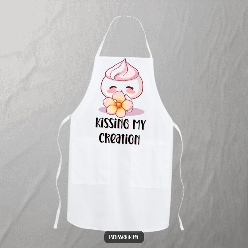 Funny Meringue Kiss Apron showing a happy meringue kissing a flower petal, a charming kitchen accessory for a funny gift.