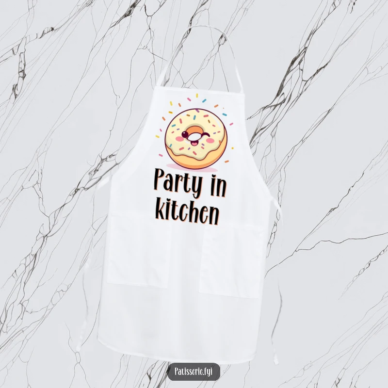 Funny apron featuring a happy donut with sprinkles tossing confetti, designed for cooks who love to celebrate.
