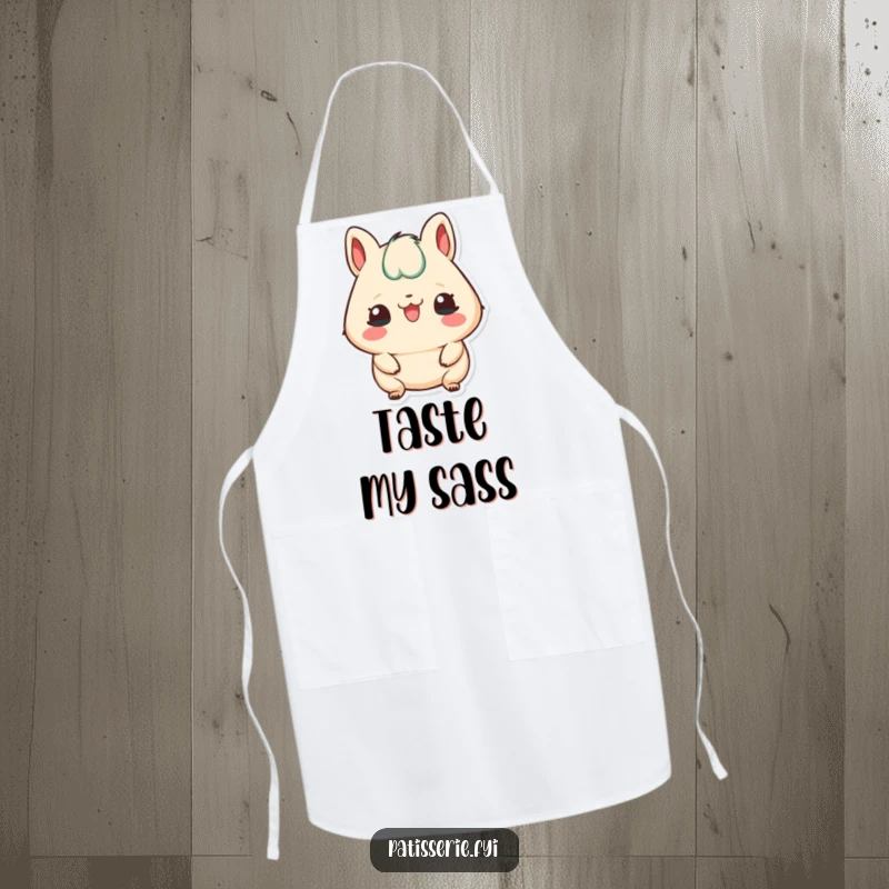Funny apron with a petit four character sticking its tongue out playfully, perfect for cheeky baking.