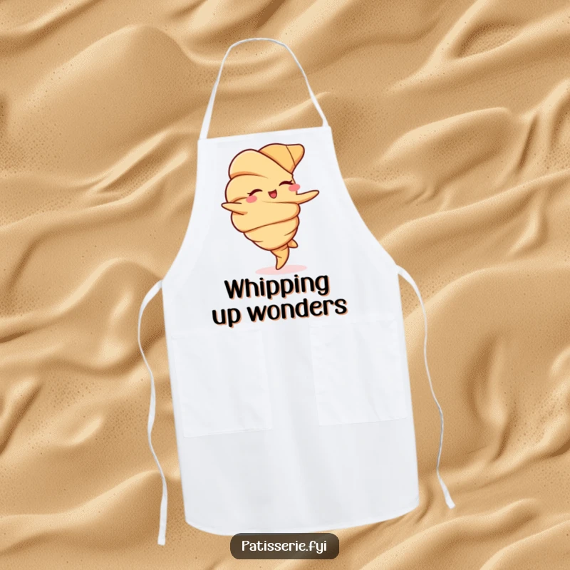 Funny apron featuring a winking croissant performing a cartwheel, designed for cooks who love a bit of flair.
