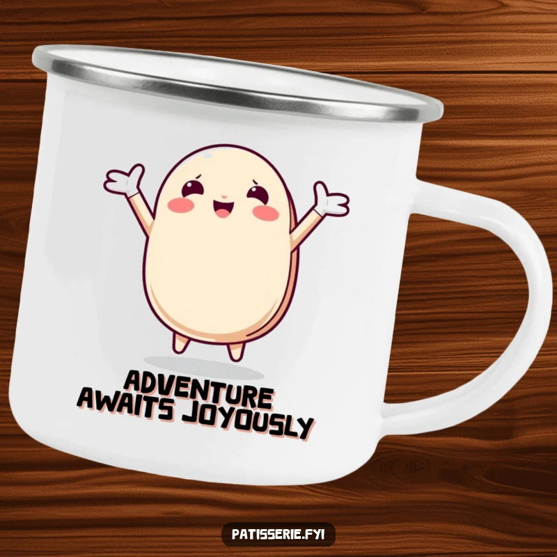 Funny Macaron Camping Mug depicting a happy macaron character leaping with arms outstretched, perfect for outdoor adventures and cheerful sipping.