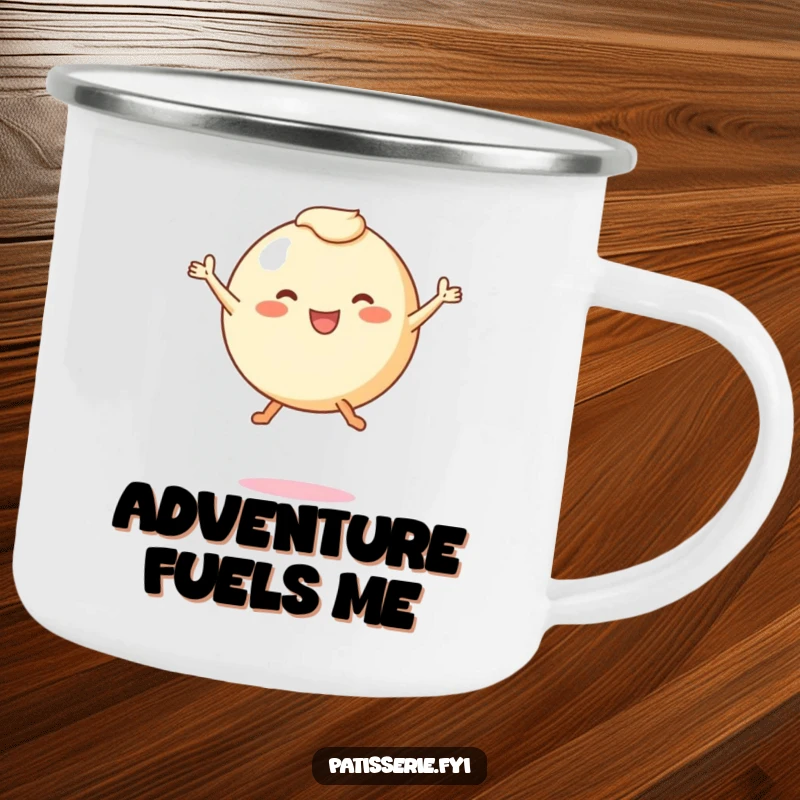 Funny camping mug with a round pastry character with tiny legs joyfully leaping mid-air, perfect for cheerful outdoor sipping.