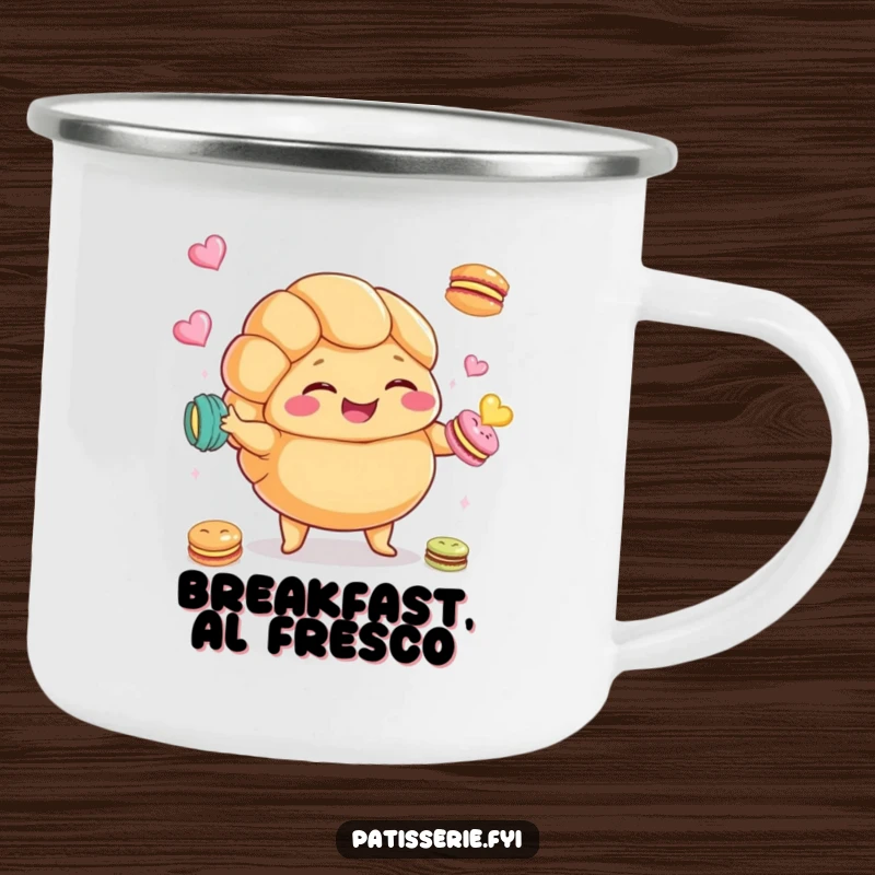 Funny Croissant Macaron Camping Mug featuring a plump croissant giggling and juggling macarons, ideal for outdoor enthusiasts.