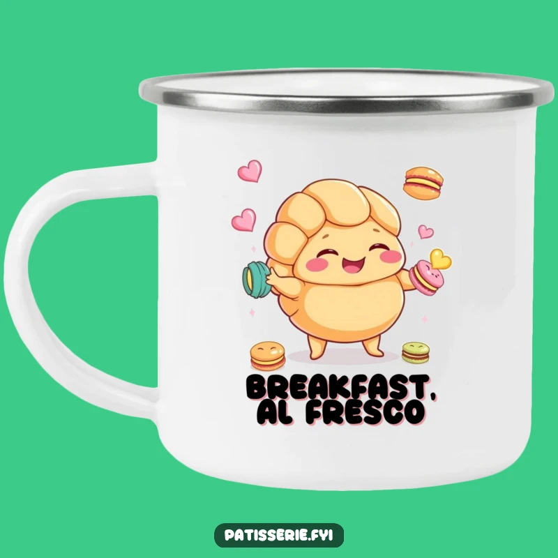 Funny Croissant Macaron Camping Mug: Sweet Mornings Outdoors
