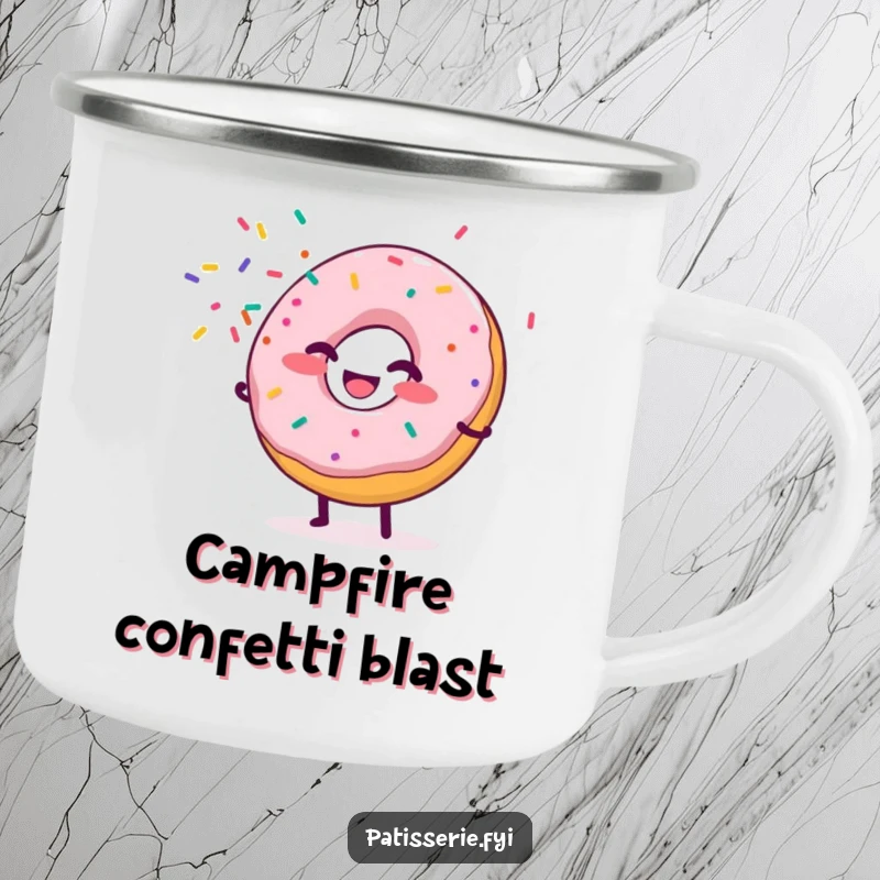 Funny Donut Camping Mug showing a giggling donut character spraying sprinkles like confetti, perfect for enjoying beverages during outdoor celebrations.