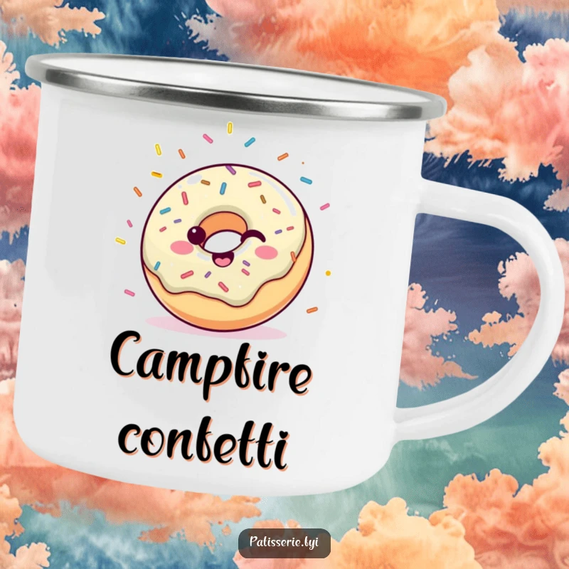 Funny, sturdy camping mug featuring a happy donut with sprinkles joyfully throwing confetti, ideal for outdoor use.