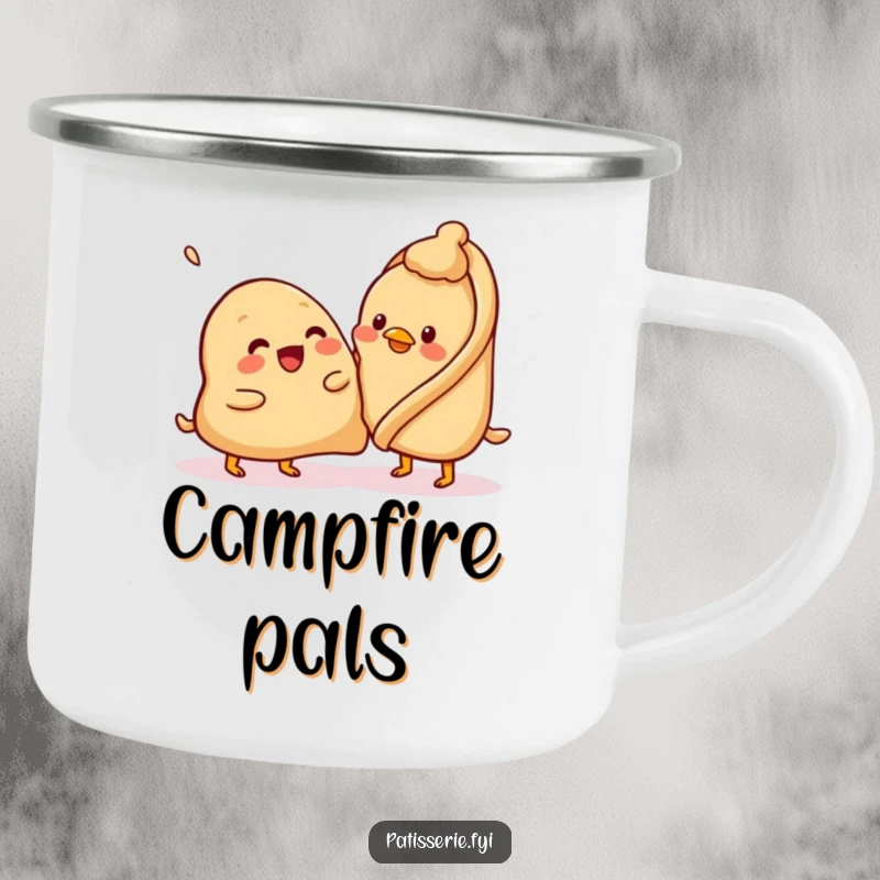 Funny samosa camping mug, beaming, attempting to pat a confused chickpea, durable and whimsical, for outdoor fun.