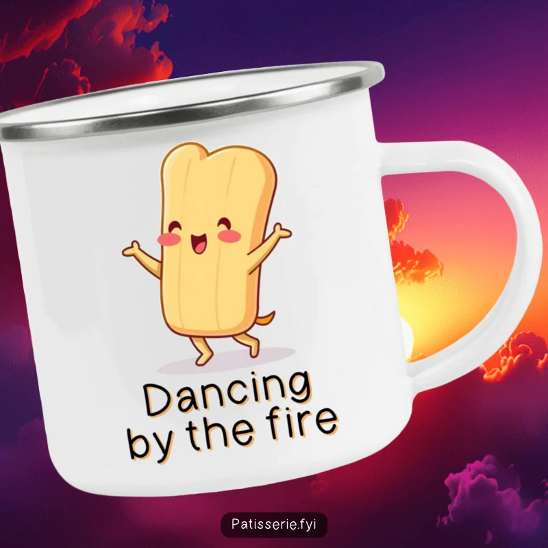 Funny baguette camping mug with a cheerful character doing a silly little jig, perfect for enjoying drinks outdoors with a smile.