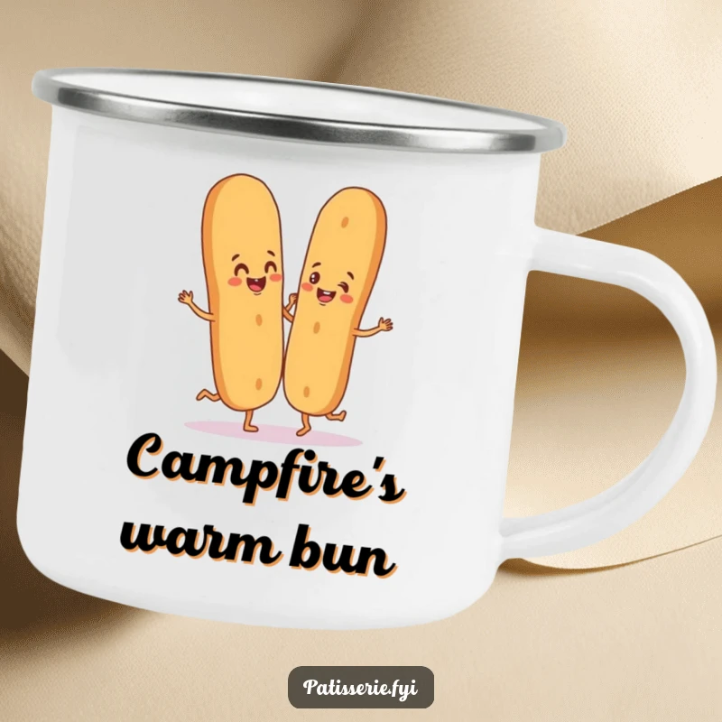 Funny camping mug with a happy baguette and breadstick dancing, ready for outdoor adventures.