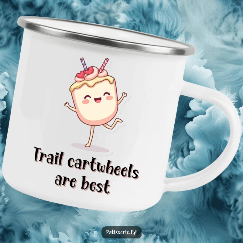 Funny Camping Mug: A delighted cake pop performing a cartwheel, ready for adventure and bringing sweet cheer to the great outdoors.