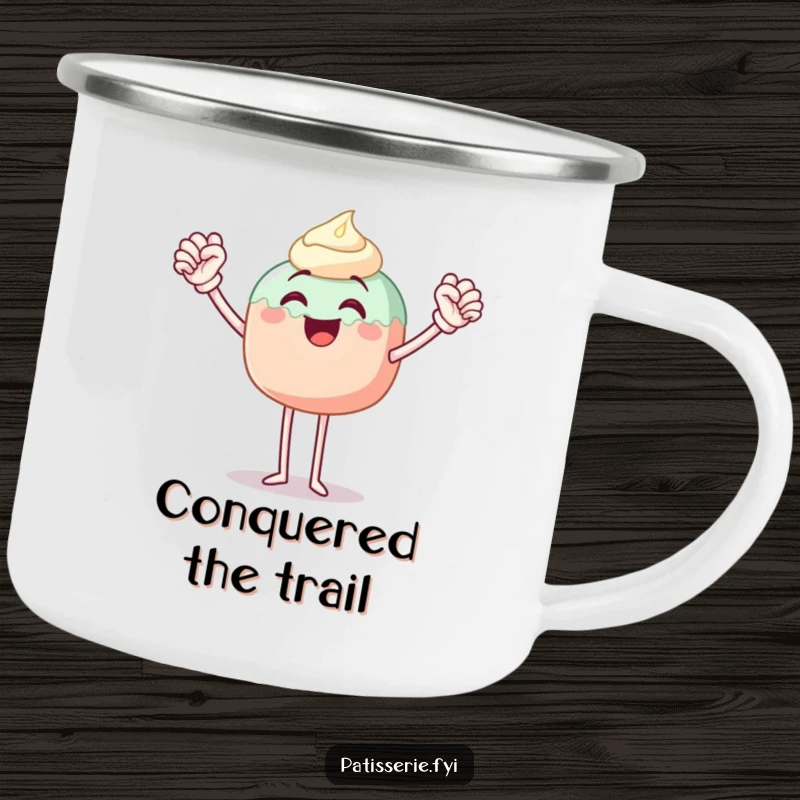 Funny camping mug showing a joyous cake pop with legs, doing an enthusiastic fist pump, ideal for sipping hot beverages outdoors.