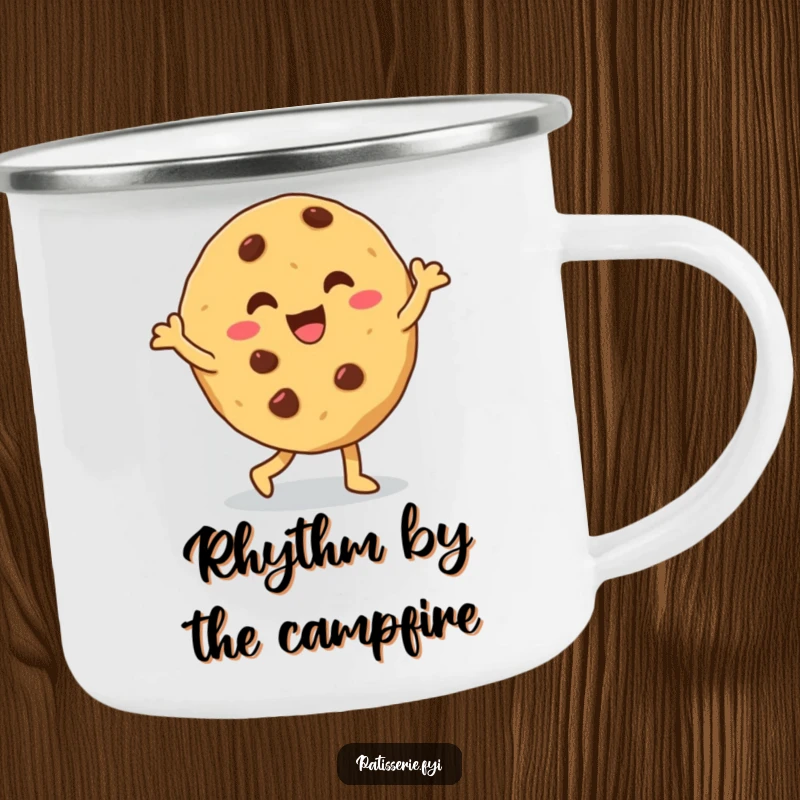 Funny cookie camping mug showing a giddy, chocolate chip cookie doing a silly dance, perfect for a fun outdoor drink.