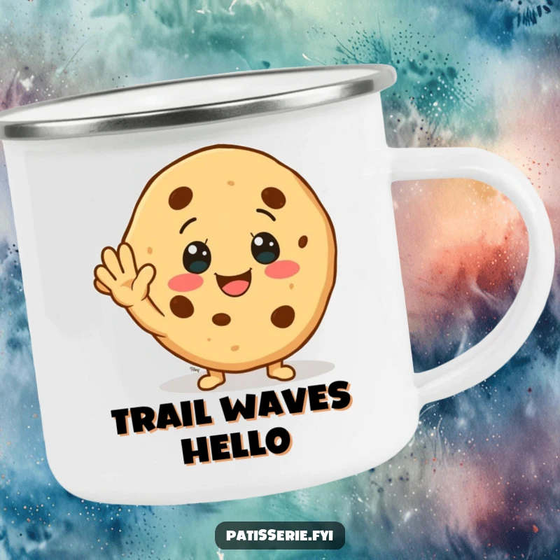 Funny Camping Mug: A smiling cookie character waving hello, bringing cheerful greetings and sweet vibes to your outdoor mornings.