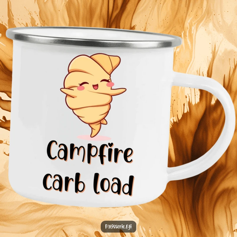 Funny, rugged camping mug featuring a winking croissant in a cartwheel, perfect for enjoying drinks in the great outdoors.