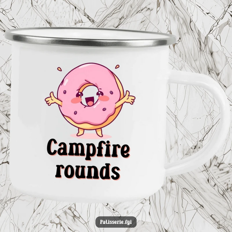 Funny delighted donut camping mug featuring a spinning treat character with outstretched arms, ideal for outdoors.
