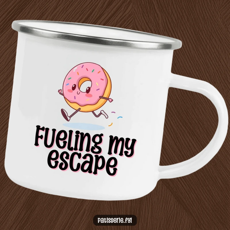 Funny Donut Camping Mug: A happy donut runs fast, leaving sprinkles, perfect for enjoying sweet, speedy moments outdoors.