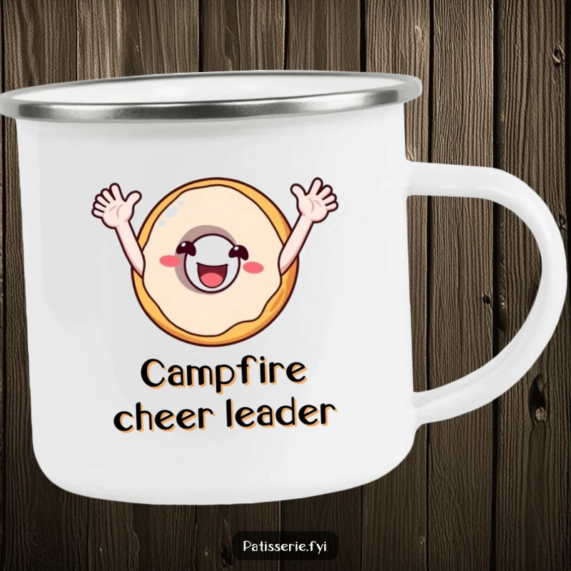 Funny camping mug with a smiling donut character with arms outstretched, cheering enthusiastically, perfect for cheerful outdoor sipping.