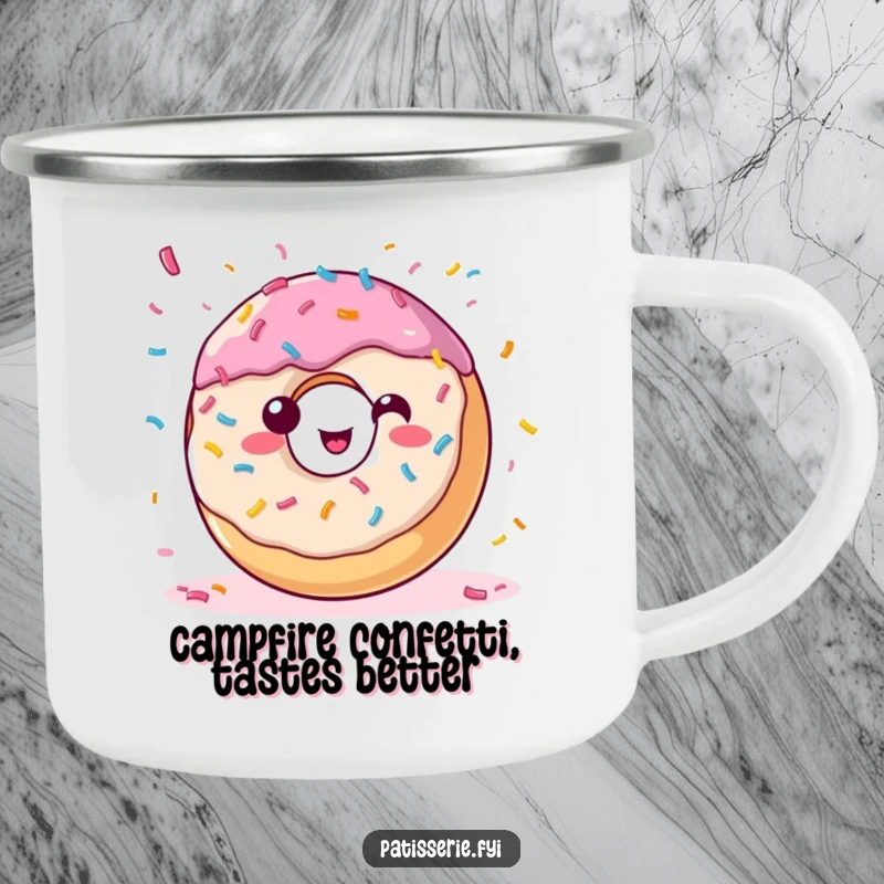 Funny donut camping mug showing a happy, sprinkle-covered pastry tossing confetti, perfect for a festive outdoor drink.