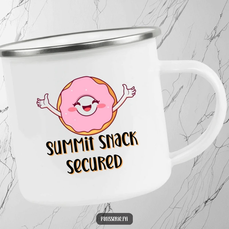 Funny Camping Mug: A joyful donut character in a triumphant pose, ready to fuel your adventures with sweet victory.