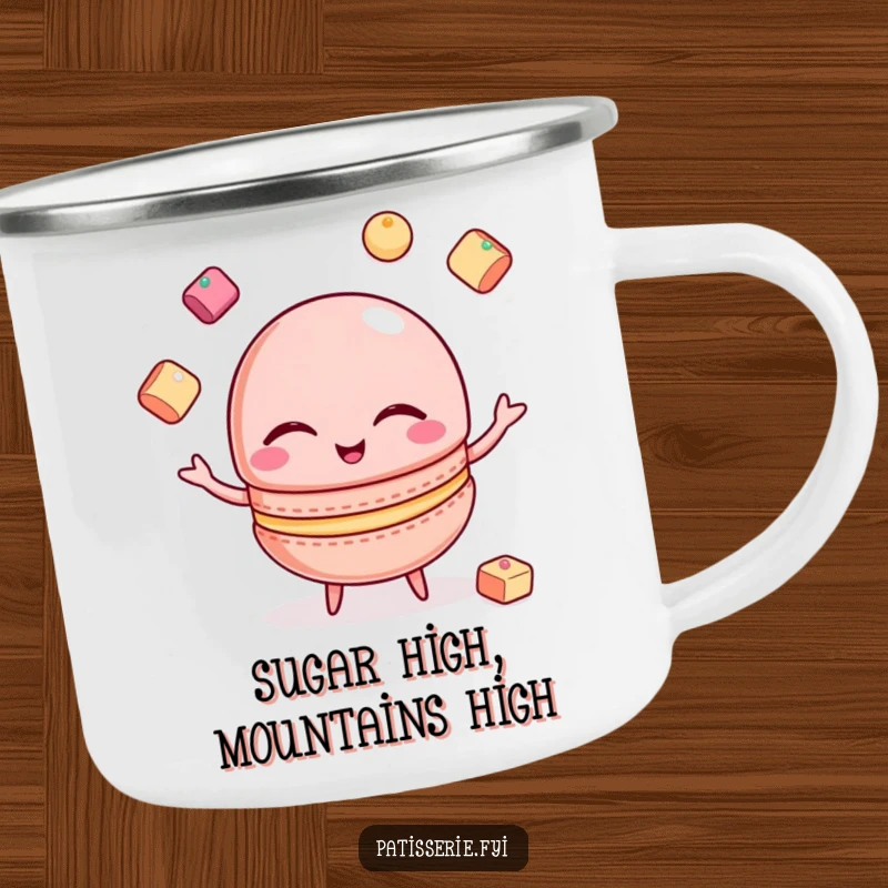 Funny Macaron Camping Mug: A winking macaron juggles sugar cubes, perfect for enjoying sweet moments outdoors.