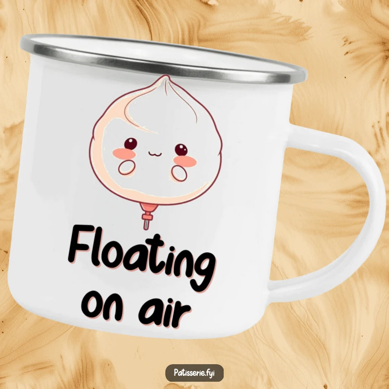 Funny meringue character puffing cheeks like a balloon, about to float away, printed on a sturdy camping mug.