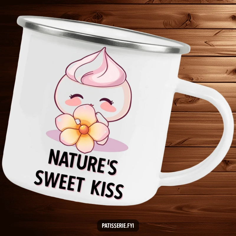 Funny Meringue Kiss Camping Mug with a meringue gently kissing a flower petal, perfect for outdoor enjoyment and a funny gift.
