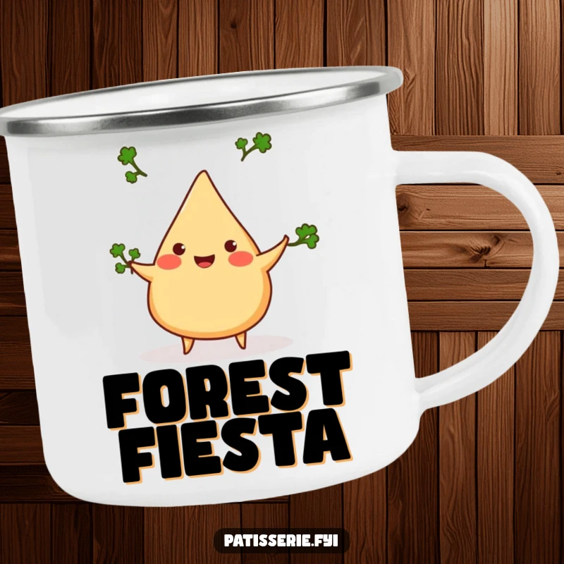 Funny samosa camping mug, cheerful, juggling three tiny cilantro sprigs, durable and humorous, for outdoor fun.